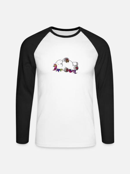 Mampfendes Comic Einhorn Regenbogen - Unisex Baseballshirt langarm - Weiß/Schwarz