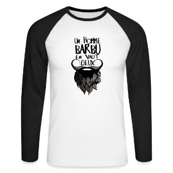 citation homme barbu vaut deux 2 humour barbe drol - T-shirt baseball manches longues Homme - blanc/noir - Devant - Nik (191cm)