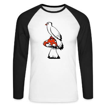 Vogel sitzt süß großer Pilz Punkten Fliegenpilz - Unisex Baseballshirt langarm - Weiß/Schwarz - Vorne - Nik (191cm)