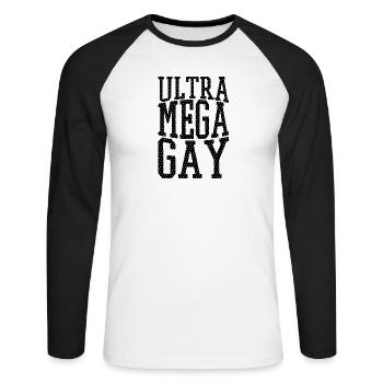 Gay t shirts Ultra mega gay - Unisex Long Sleeve Baseball T-Shirt - white/black - Front - Nik (191cm)