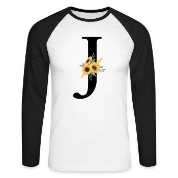 Buchstabe j Blumen-Sonnenblume - Unisex Baseballshirt langarm - Weiß/Schwarz - Vorne - Nik (191cm)