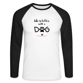 La vie est plus belle avec un chien – Dicton, Cœur et Patte - T-shirt baseball manches longues Homme - blanc/noir - Devant - Nik (191cm)