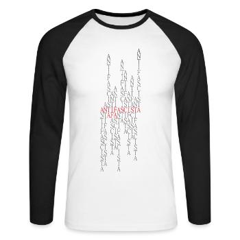 Antifascista Typo Collage rot/grau/weiß - Unisex Baseballshirt langarm - Weiß/Schwarz - Vorne - Nik (191cm)