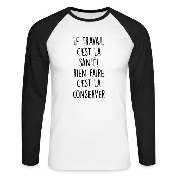 le travail c est la santé / citations travail - T-shirt baseball manches longues Homme - blanc/noir - Devant - Nik (191cm)