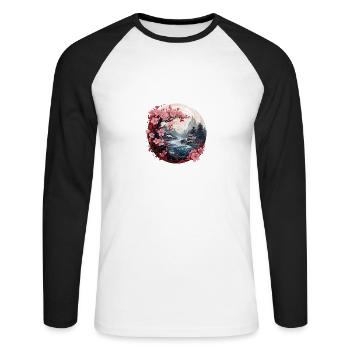 Kirschblüte Japanisch Berg Flusslandschaft - Unisex Baseballshirt langarm - Weiß/Schwarz - Vorne - Nik (191cm)