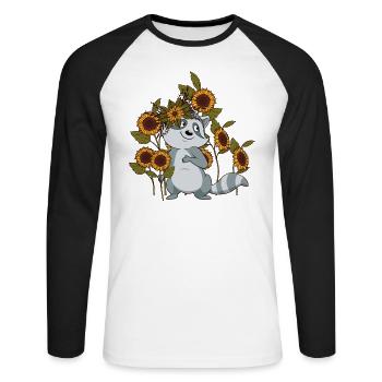 Waschbär Sonnenblumen Sonnenblume Blume Raccoon - Unisex Baseballshirt langarm - Weiß/Schwarz - Vorne - Nik (191cm)
