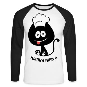 Chat gourmand ! Humour de chat toque cuisinier - T-shirt baseball manches longues Homme - blanc/noir - Devant - Nik (191cm)