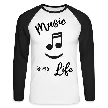 Musik - Music is my life - Note lachen - Unisex Baseballshirt langarm - Weiß/Schwarz - Vorne - Nik (191cm)
