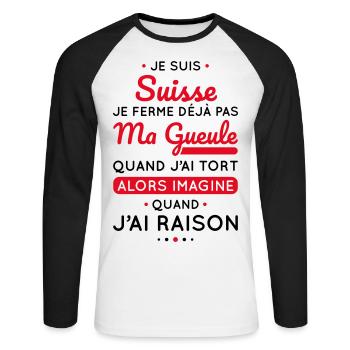 Je suis Suisse - Je ferme pas ma gueule - T-shirt baseball manches longues Homme - blanc/noir - Devant - Nik (191cm)