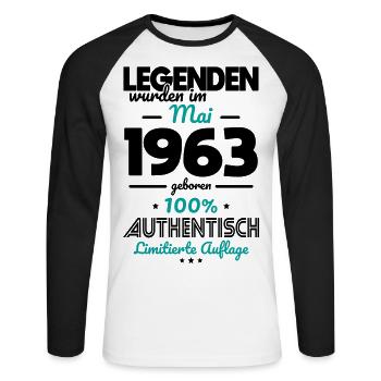 60. Geburtstag - Legenden wurden im Mai 1963 - Unisex Baseballshirt langarm - Weiß/Schwarz - Vorne - Nik (191cm)