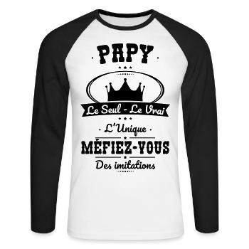 Papy le Seul le Vrai l'Unique - Cadeau Humour - T-shirt baseball manches longues Homme - blanc/noir - Devant - Nik (191cm)