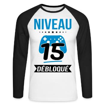 Anniversaire 15 ans - Niveau 15 débloqué - Gamer - T-shirt baseball manches longues Homme - blanc/noir - Devant - Nik (191cm)