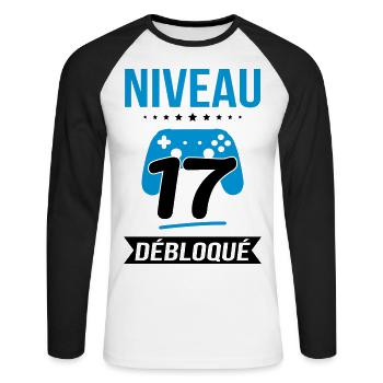 Anniversaire 17 ans - Niveau 17 débloqué - Gamer - T-shirt baseball manches longues Homme - blanc/noir - Devant - Nik (191cm)