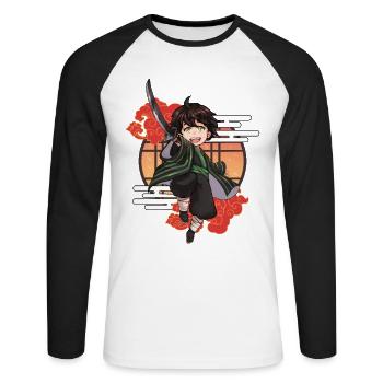 Garçon samouraï chibi avec katana - T-shirt baseball manches longues Homme - blanc/noir - Devant - Nik (191cm)