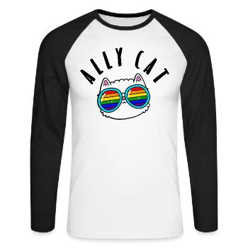 Ally Cat - LGBTIQ Queer Gay Pride CSD Cartoon - Unisex Baseballshirt langarm - Weiß/Schwarz - Vorne - Nik (191cm)
