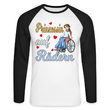 Prinzessin auf Rädern für eine Rollstuhlfahrerin - Unisex Baseballshirt langarm - Weiß/Schwarz - Vorne - Nik (191cm)