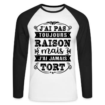 J'ai pas toujours raison - französischer Spruch - Unisex Baseballshirt langarm - Weiß/Schwarz - Vorne - Nik (191cm)