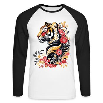 Jugendstil - bunter Tiger und Blumen - Unisex Baseballshirt langarm - Weiß/Schwarz - Vorne - Nik (191cm)