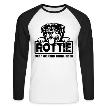 Rottie - Rottweiler - Denn normal kann jeder - Unisex Baseballshirt langarm - Weiß/Schwarz - Vorne - Nik (191cm)