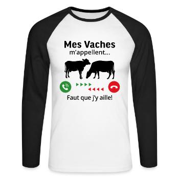 mes vaches m'appellent faut que j'y ailler - T-shirt baseball manches longues Homme - blanc/noir - Devant - Nik (191cm)
