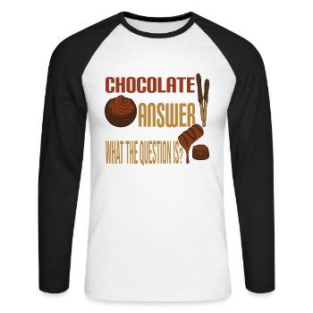 Chocolate Is the answer What was the question? - Unisex Long Sleeve Baseball T-Shirt - white/black - Front - Nik (191cm)