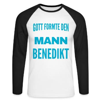 Benedikt Name Design - Unisex Baseballshirt langarm - Weiß/Schwarz - Vorne - Nik (191cm)