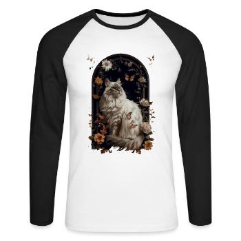 Sibirische Katze - Unisex Baseballshirt langarm - Weiß/Schwarz - Vorne - Nik (191cm)