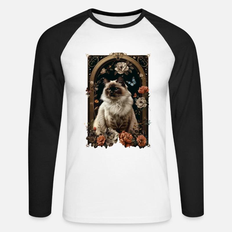 Birma-Katze - Unisex Baseballshirt langarm - Weiß/Schwarz