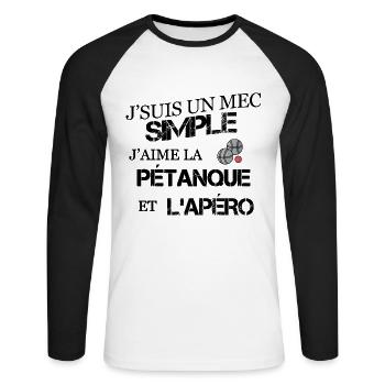 Mec simple humour pétanque - T-shirt baseball manches longues Homme - blanc/noir - Devant - Nik (191cm)