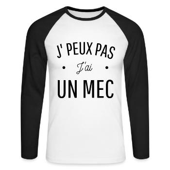 JE PEUX PAS J'AI UN MEC cadeau citation humour - T-shirt baseball manches longues Homme - blanc/noir - Devant - Nik (191cm)