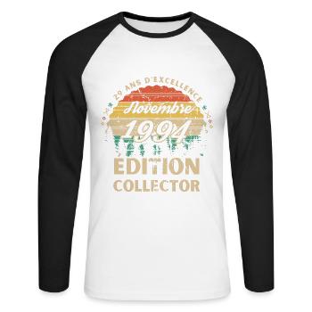 29 ans Novembre 1994 édition collector - T-shirt baseball manches longues Homme - blanc/noir - Devant - Nik (191cm)