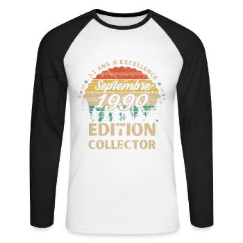 33 ans Septembre 1990 édition collector - T-shirt baseball manches longues Homme - blanc/noir - Devant - Nik (191cm)