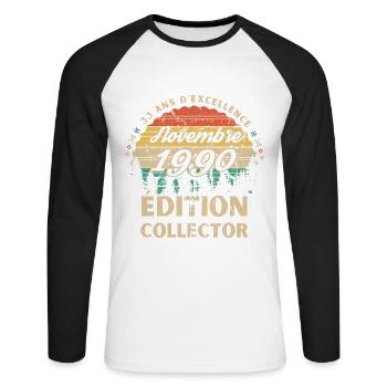 33 ans Novembre 1990 édition collector - T-shirt baseball manches longues Homme - blanc/noir - Devant - Nik (191cm)