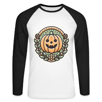Vintage Halloween citrouille couronne badge - T-shirt baseball manches longues Homme - blanc/noir - Devant - Nik (191cm)