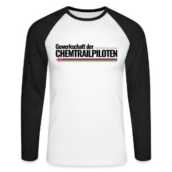 Mimikama Crew Gewerkschaft der Chemtrailpiloten - Unisex Baseballshirt langarm - Weiß/Schwarz - Vorne - Nik (191cm)