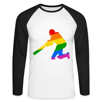 Cricket Spieler mit Regenbogen Geschenkidee - Unisex Baseballshirt langarm - Weiß/Schwarz - Vorne - Nik (191cm)