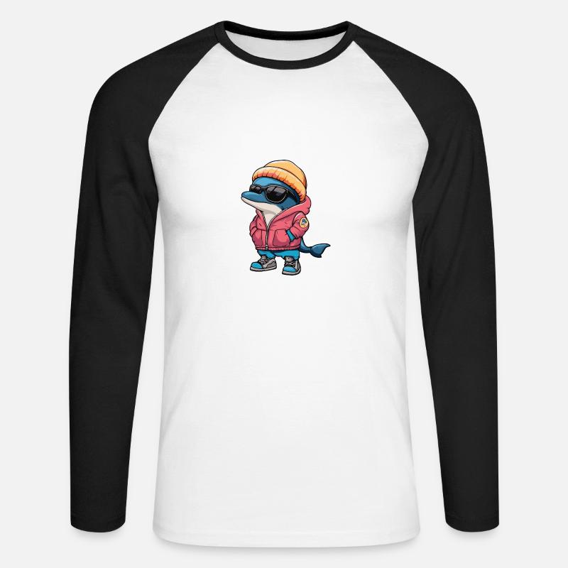 Delfin Winter Comic - Unisex Baseballshirt langarm - Weiß/Schwarz