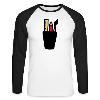 Stift - Pinsel - Lineal - Unisex Baseballshirt langarm - Weiß/Schwarz - Vorne - Nik (191cm)