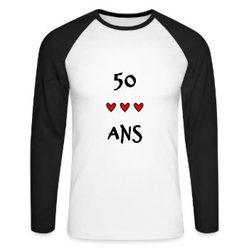 50 ANS. 50e ANNIVERSAIRE. ANNIVERSAIRE 50 ANS. 50 - T-shirt baseball manches longues Homme - blanc/noir - Devant - Nik (191cm)