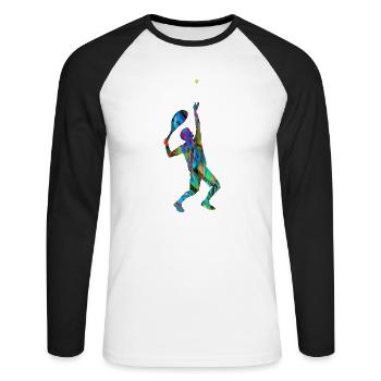 Servir, Tennis,Coloré,Graffiti,Bleu - T-shirt baseball manches longues Homme - blanc/noir - Devant - Nik (191cm)