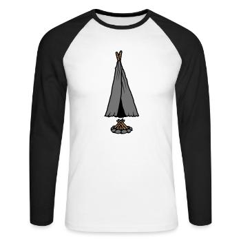 Conception de tente de feu de camp de camping - T-shirt baseball manches longues Homme - blanc/noir - Devant - Nik (191cm)