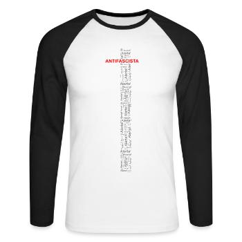 Alert! Antifascista! - Wortkunst rot/grau - Unisex Baseballshirt langarm - Weiß/Schwarz - Vorne - Nik (191cm)