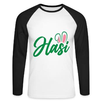 Hasi - süße Häschenohren | Farben änderbar - Unisex Baseballshirt langarm - Weiß/Schwarz - Vorne - Nik (191cm)