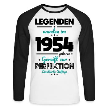 70. Geburtstag - Legenden wurden im 1954 - Unisex Baseballshirt langarm - Weiß/Schwarz - Vorne - Nik (191cm)