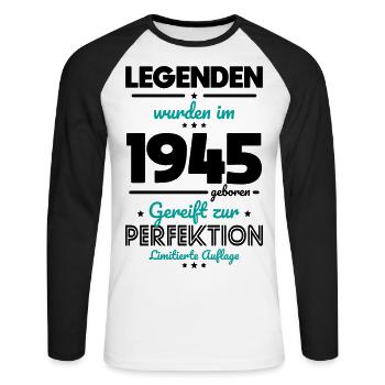 80e anniversaire - Les légendes ont été créées en 1945 - T-shirt baseball manches longues Homme - blanc/noir - Devant - Nik (191cm)