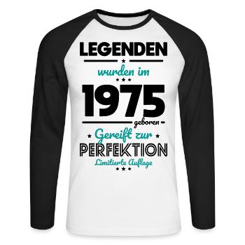 50e anniversaire - Les légendes ont été créées en 1975 - T-shirt baseball manches longues Homme - blanc/noir - Devant - Nik (191cm)