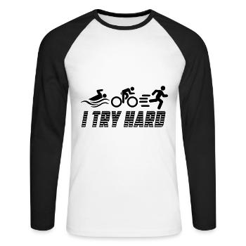 Triathlon - J’essaie fort | Couleur changeable - T-shirt baseball manches longues Homme - blanc/noir - Devant - Nik (191cm)