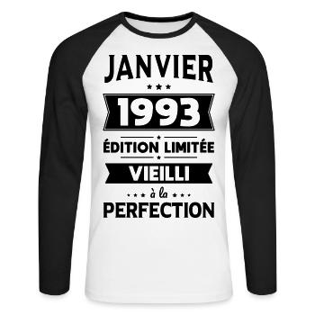 Anniversaire 30 ans - Janvier 1993 Perfection - T-shirt baseball manches longues Homme - blanc/noir - Devant - Nik (191cm)