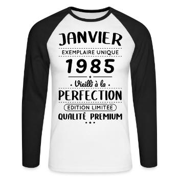 40-jähriges Jubiläum - Januar 1985 Perfektion - Unisex Baseballshirt langarm - Weiß/Schwarz - Vorne - Nik (191cm)