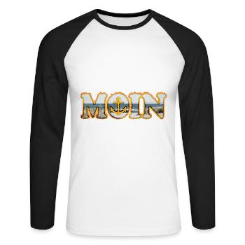 Moin is what they say in northern Germany | Moin in Fire - Unisex Long Sleeve Baseball T-Shirt - white/black - Front - Nik (191cm)